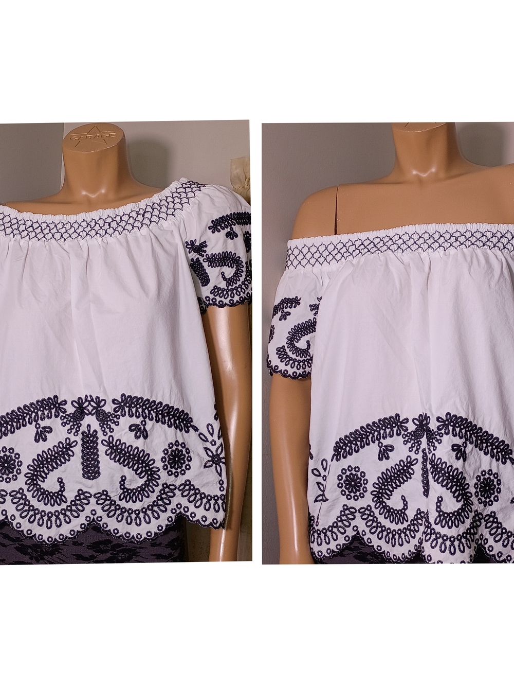 White Off-Shoulder Blouse with Navy Embroidered Detail